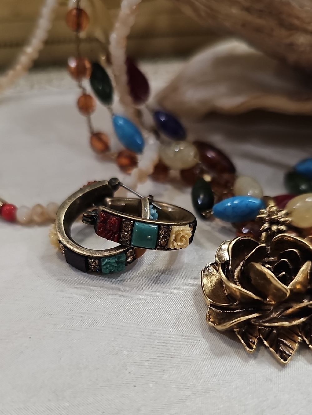 Boho Multi-Color Beaded Necklace with Gold Rose Pendant - Picture 3 of 6